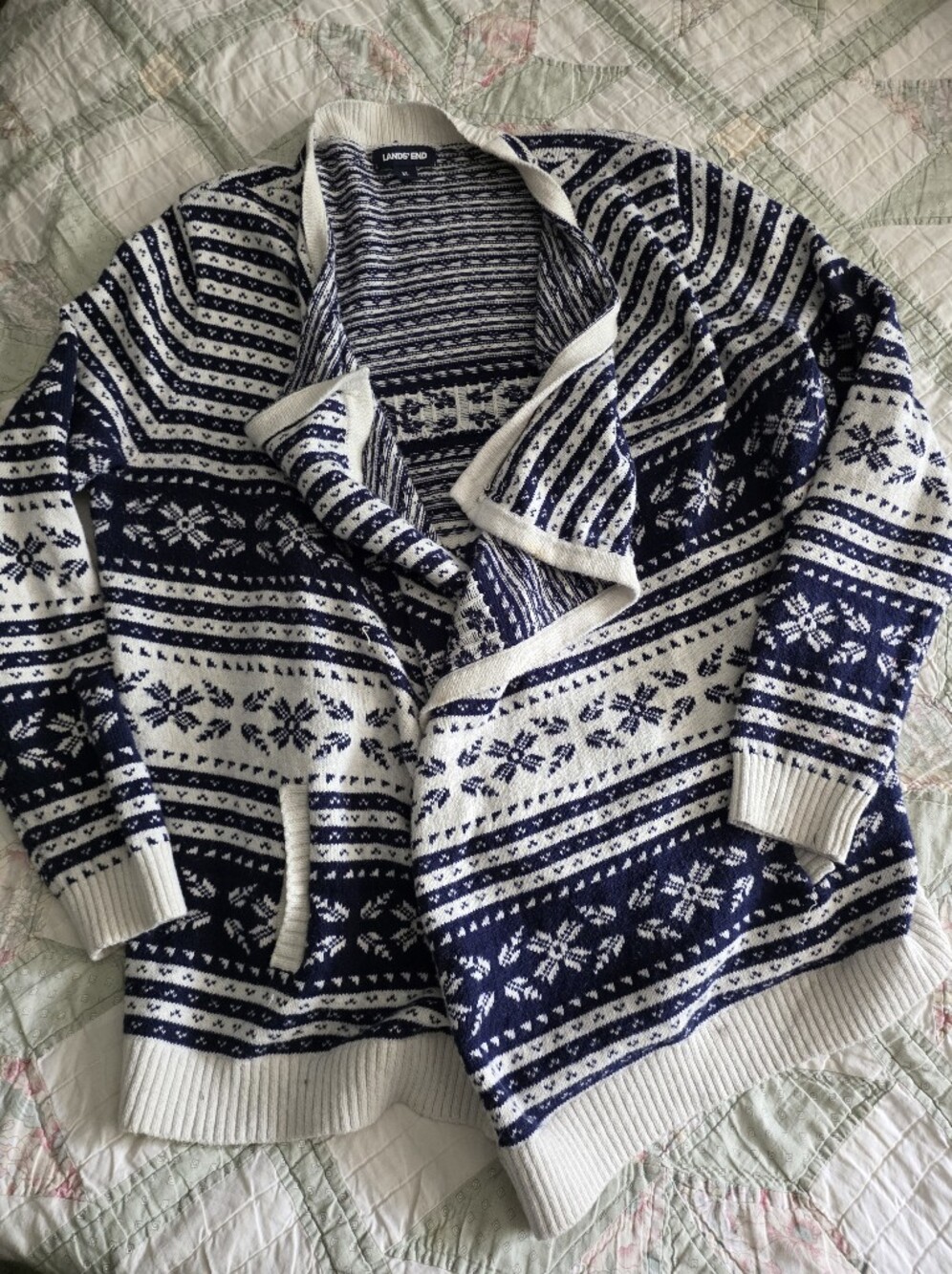 Lands' End Navy & White Fair Isle Cardigan Sweater
